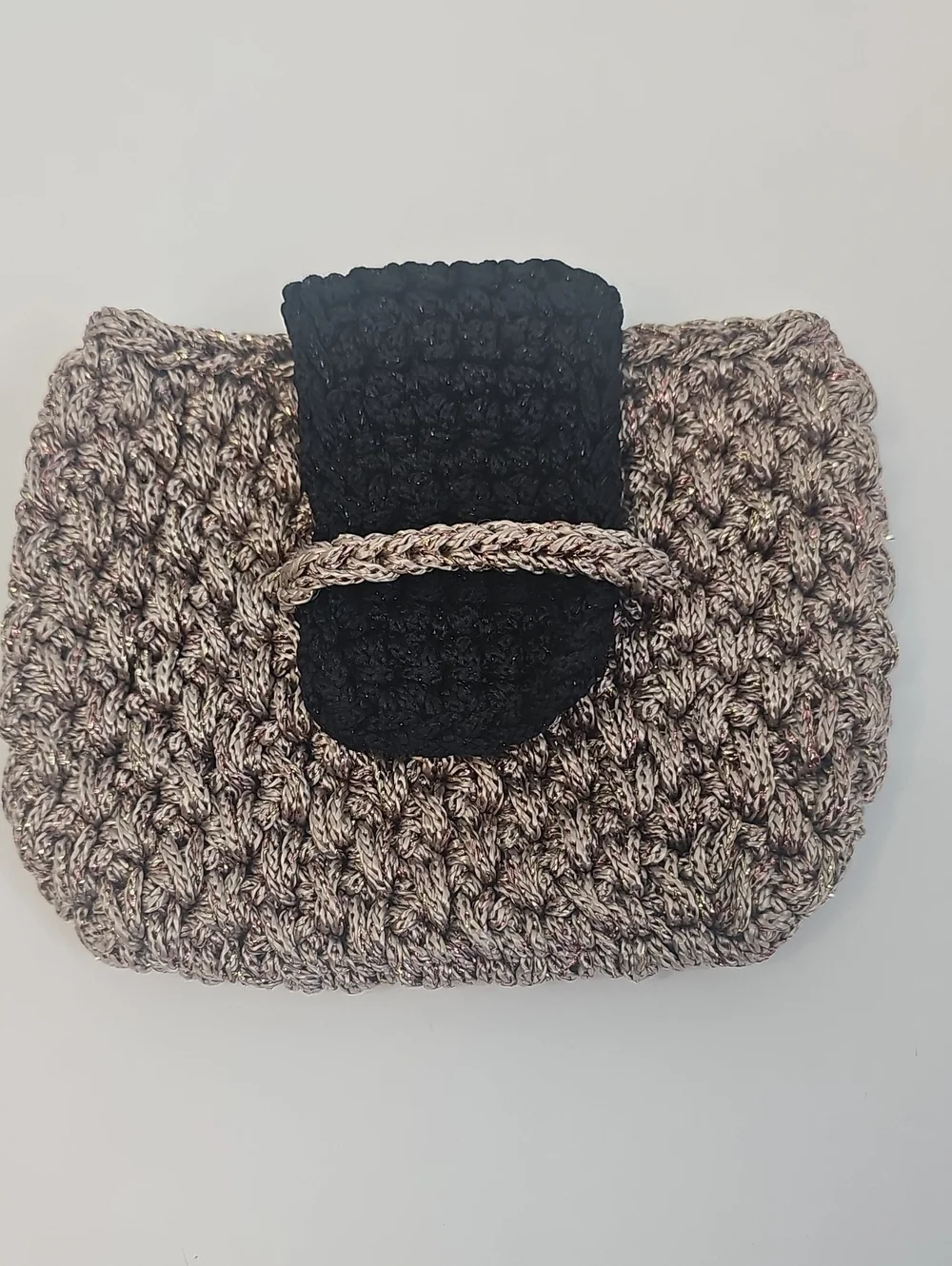 Hand Knit Mini Clutch Purse Gold & Copper Metallic w Brown Flap